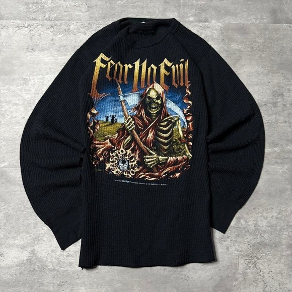 Gildan Other - Y2K Vintage 90s 3D Emblem Grail Fear No Evil Black Waffle Knit Long Sleeve